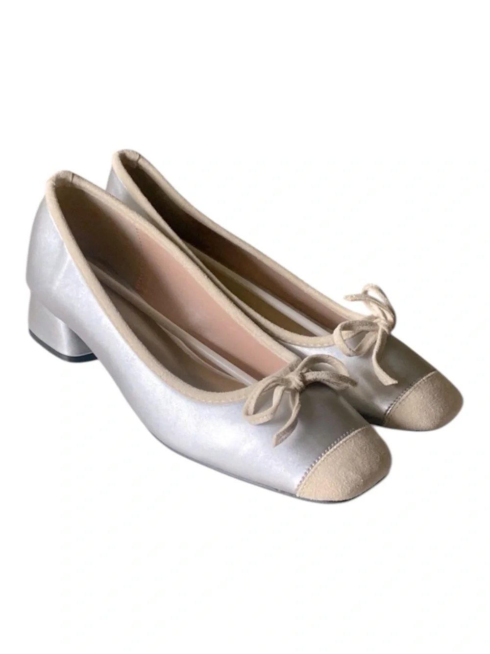 C.PARAVANO Suede Cap Toe Silver Low Block Heel Shoes Size 9.5 (40) NWT